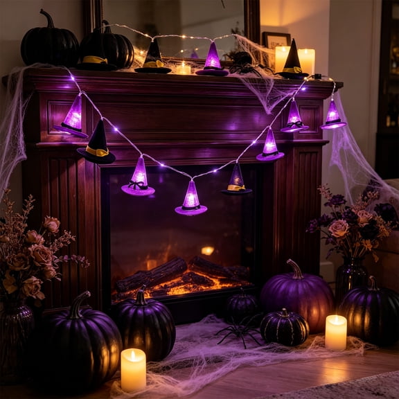 LED Witch Hat String Lights - Purple Wizard Hat Garland for Mantel, Window, and Party Decor