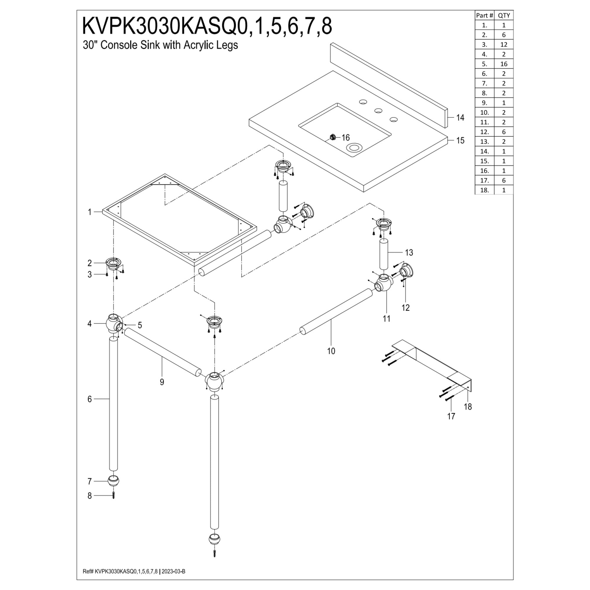 Kingston Brass KVPK3030KASQ8 Templeton 30" Black Granite Console Sink with Acrylic Legs (8-Inch, 3-Hole), Black Granite/Brushed Nickel