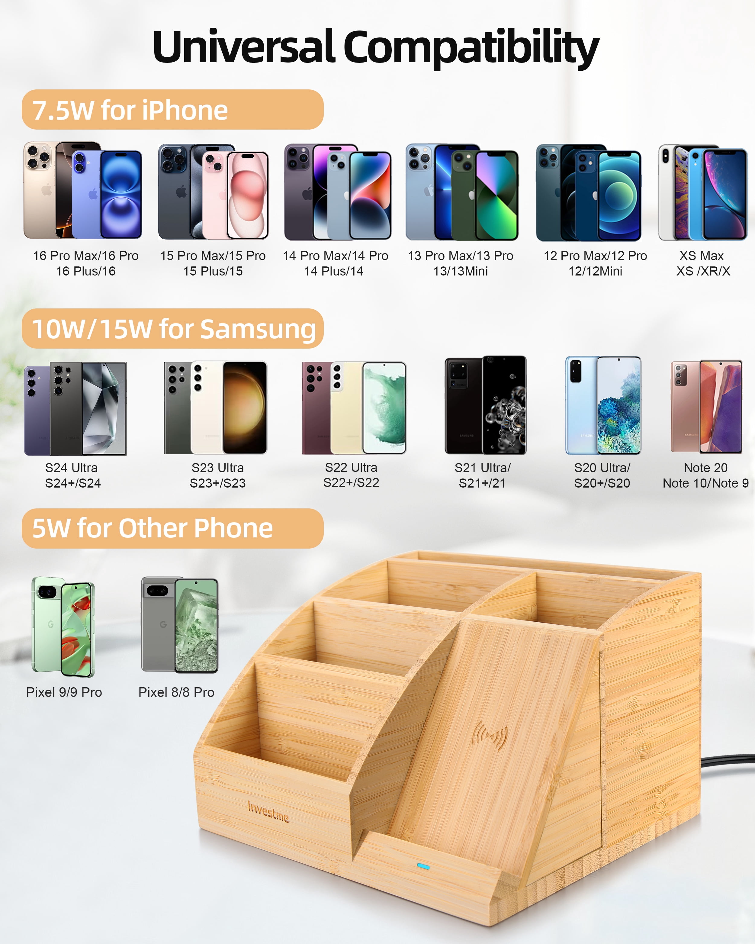 Investme Desk Organizer with Wireless Charging, Bamboo Pencil Holder with 15W Fast Wireless Charger Compatible with iPhone and Samsung for Desk & Nightstand
