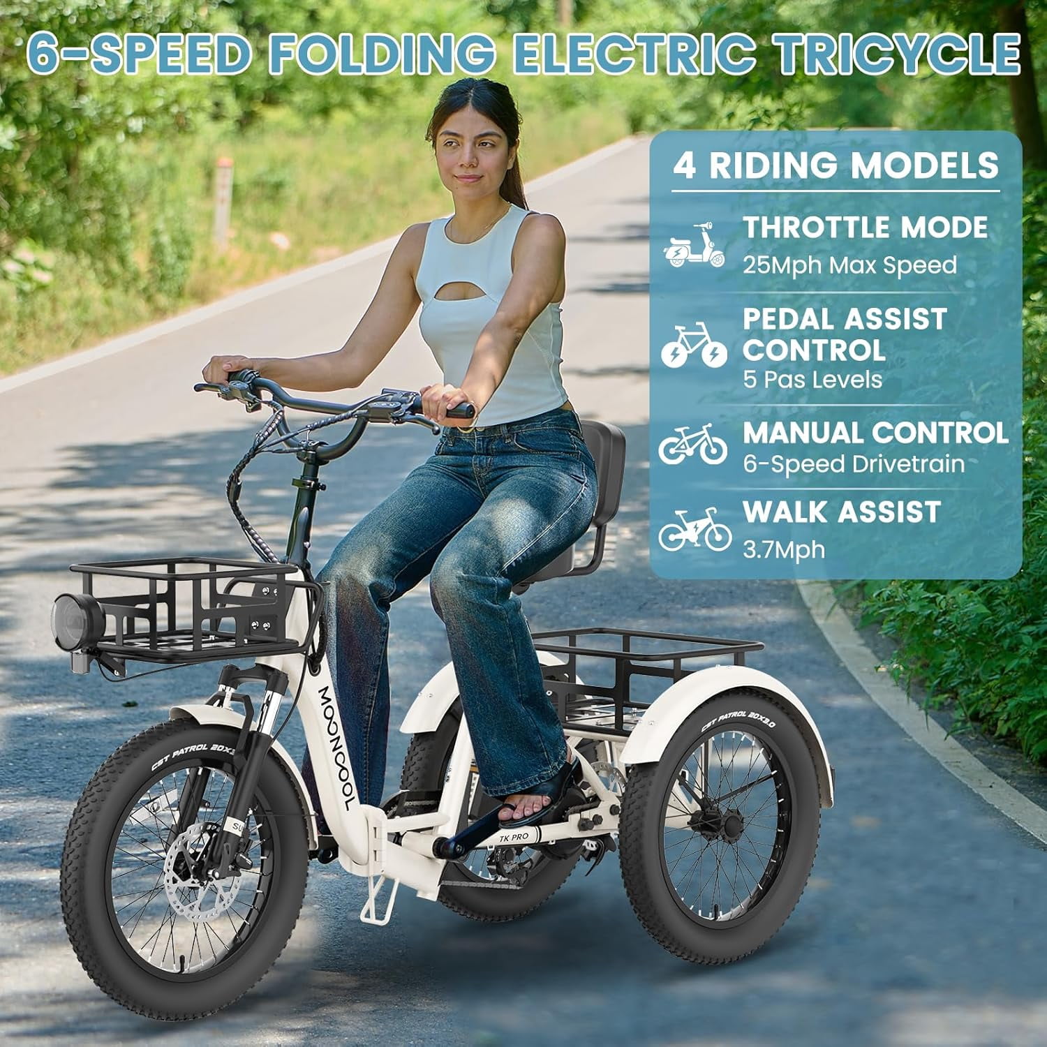 ABORON 20" Fat Tire Electric Trike 750W 48V Motorized Folding Commute E-Bike for Adult, Foldable 3 Wheel Electric Bicycle Trike for Senior Women with Front & Rear Basket