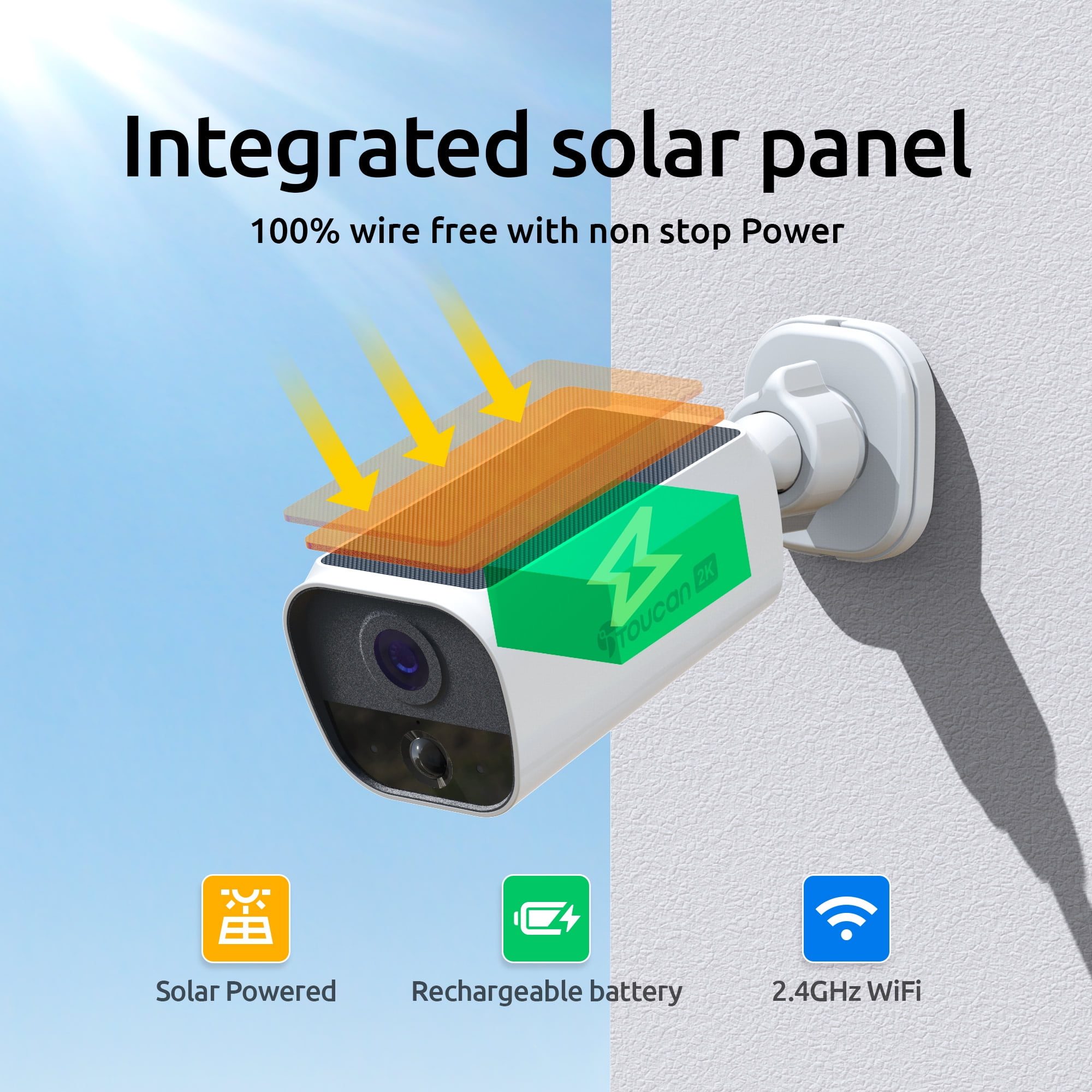 Toucan Solar Wireless Security Camera, 2K Resolution, Continuous Power, No Subscription Require