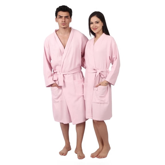 Feather Drape Women's Waffle 100% Cotton Bathrobe – Lightweight Spa Robe, Soft Breathable Loungewear, Kimono Style Belted Dressing Gown for Home, Hotel & Travel | Medium | Pink