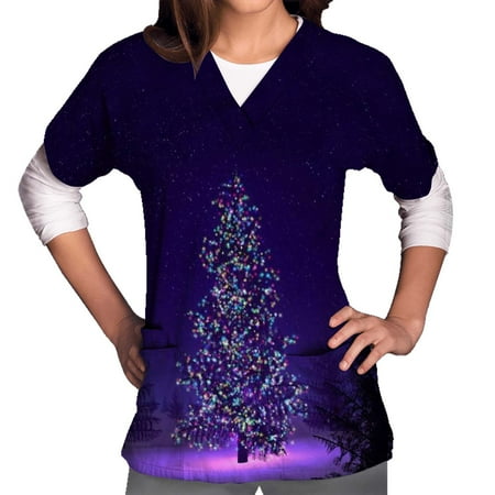 

Ozmmyan Womens Tops Scrubs for Women Short Sleeve V-neck Scrubs Tops Working Uniform Printed with Two Pockets Blouse Nursing Uniform Saving Clearance