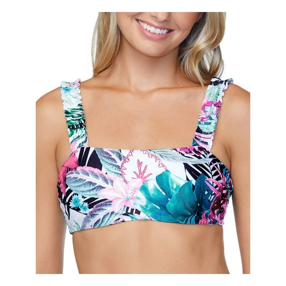 RAISINS Women's White Tropical Print Stretch Ruched Straps Removable Cups Adjustable Haute Bloom Square Neck Swimsuit Top S
