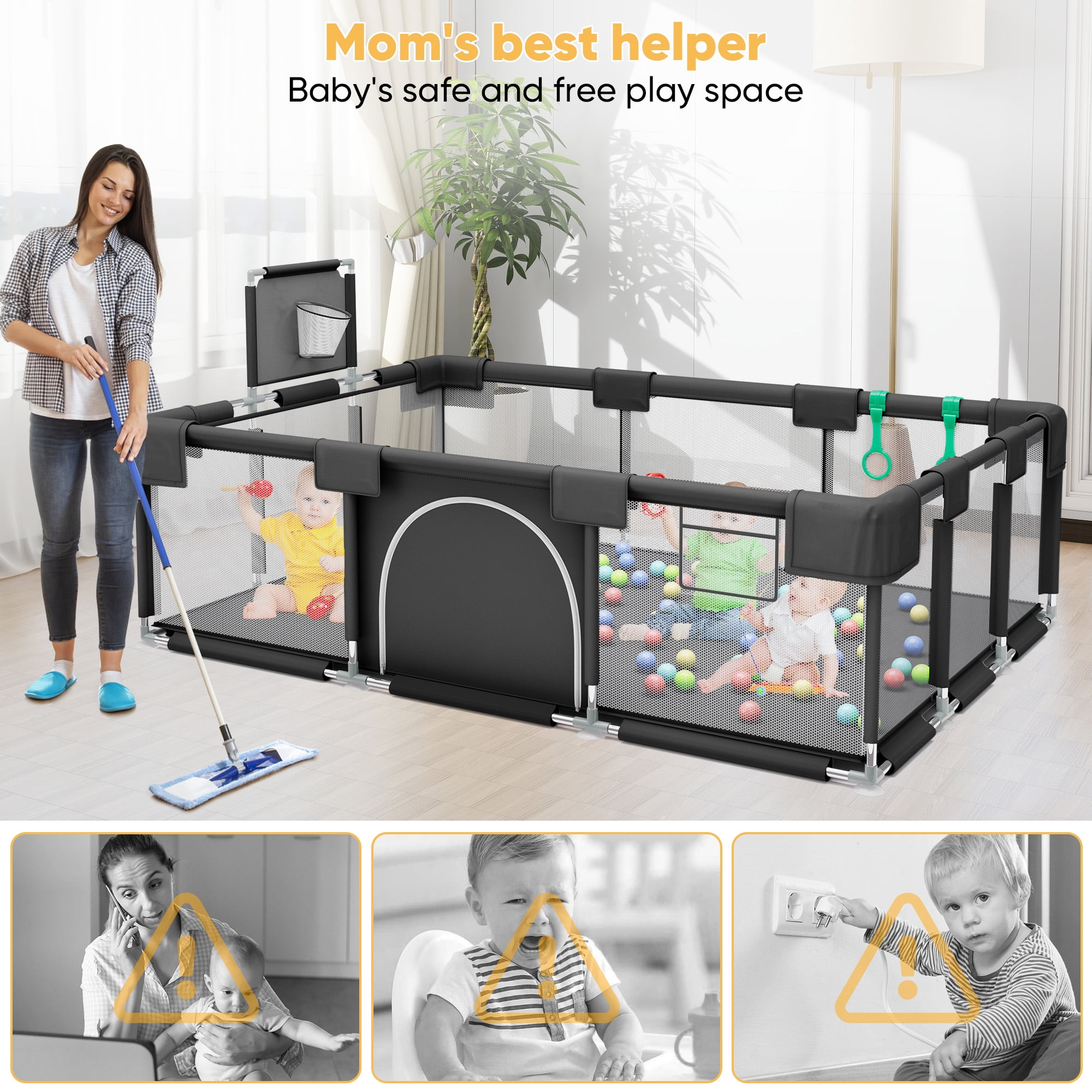 babyeap Baby Playpen,73 Inch Extra Large Baby Playard,Playpen for Babies and Toddlers With Basketball Hoop,Children Kids Play Fence for Indoors Outdoors,Black