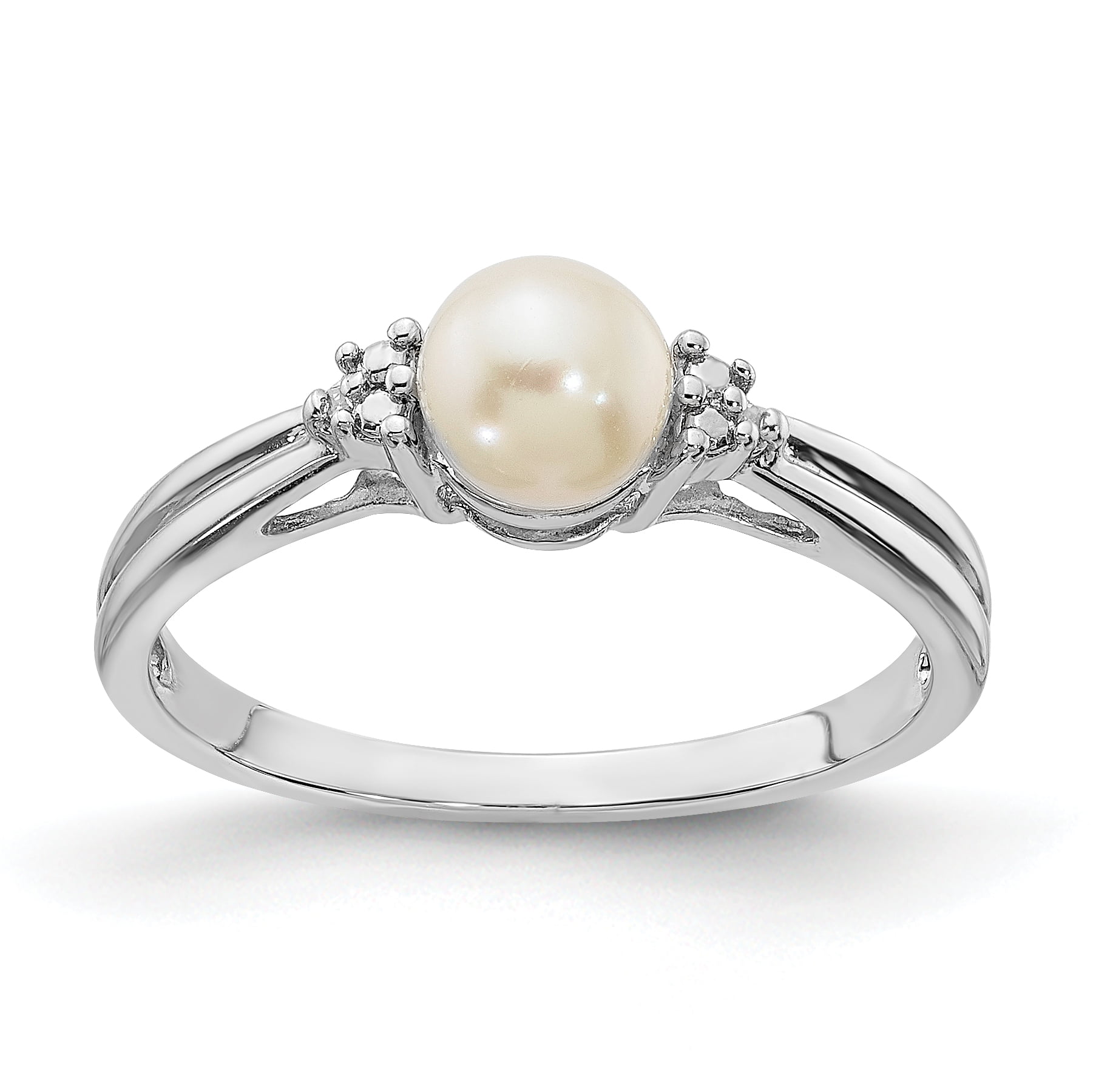 925 Sterling Silver Rhodium Plated Diamond and Freshwater Cultured Pearl  Ring Size 8