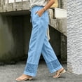 thumbnail image 2 of Womens Cotton Linen High Waist Wide Leg Pants for Summer Casual Palazzo Trousers Lightweight Lace Lounge Pants with Pockets Sky Blue L(L), 2 of 5