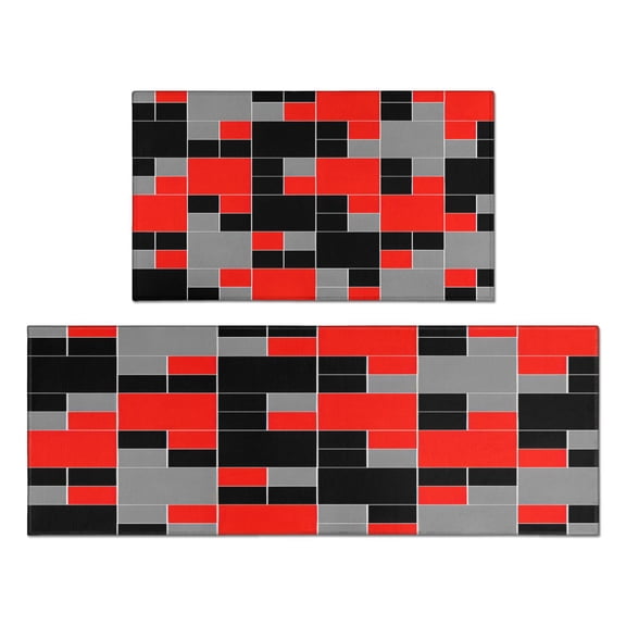2 Piece Red Black Plaid` Rug Kitchen Rug Set, Decor Kitchen Rugs, Absorbent Non-Slip Washable Floor Mats, Home Indoor Runner Rugs 17"x47" 17"x30"