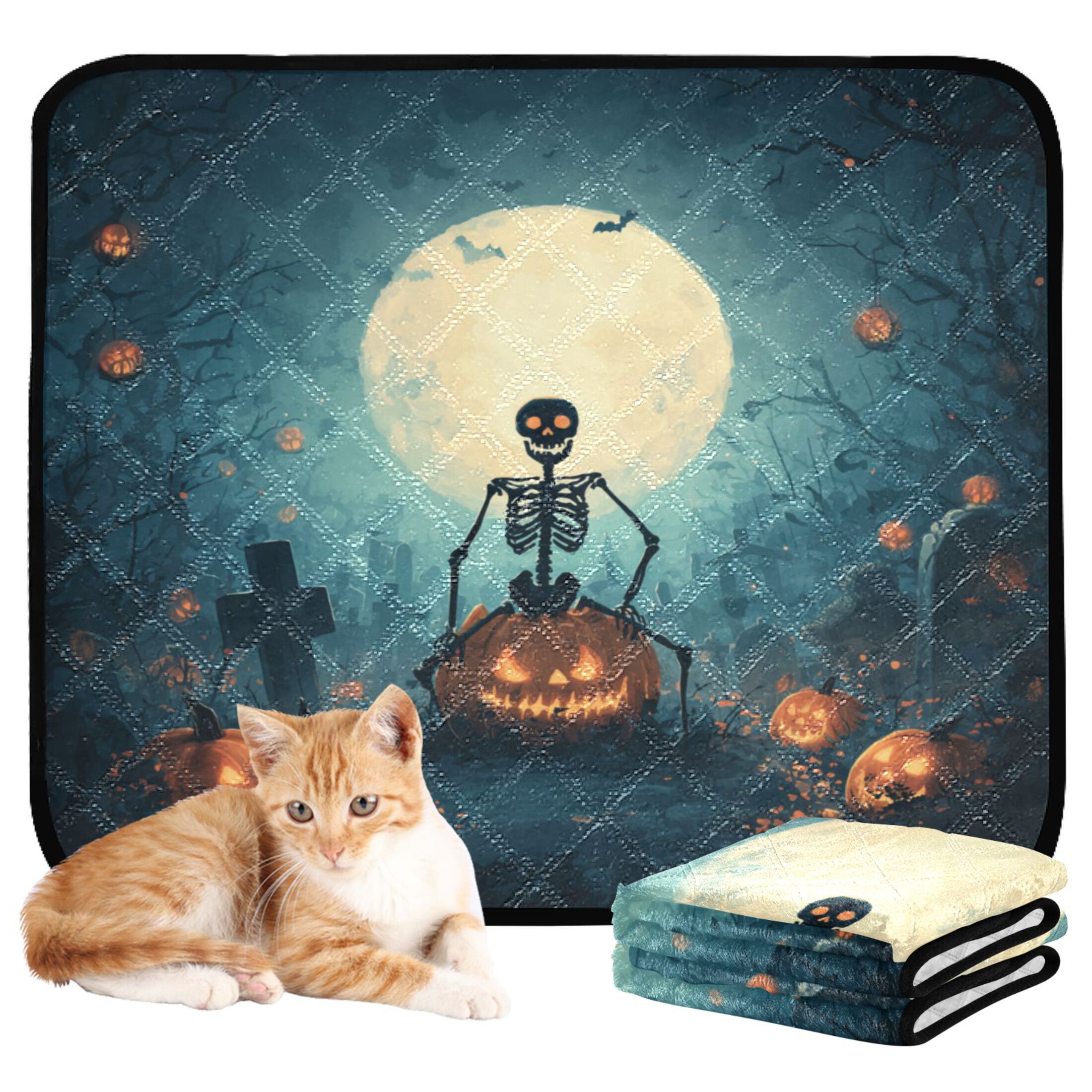 Qxltty Halloween Skull Theme Cat litter Pads Pet Set of 2 Diaper Mats Center Anti-leakage Layer Absorbent Soft and Comfortable