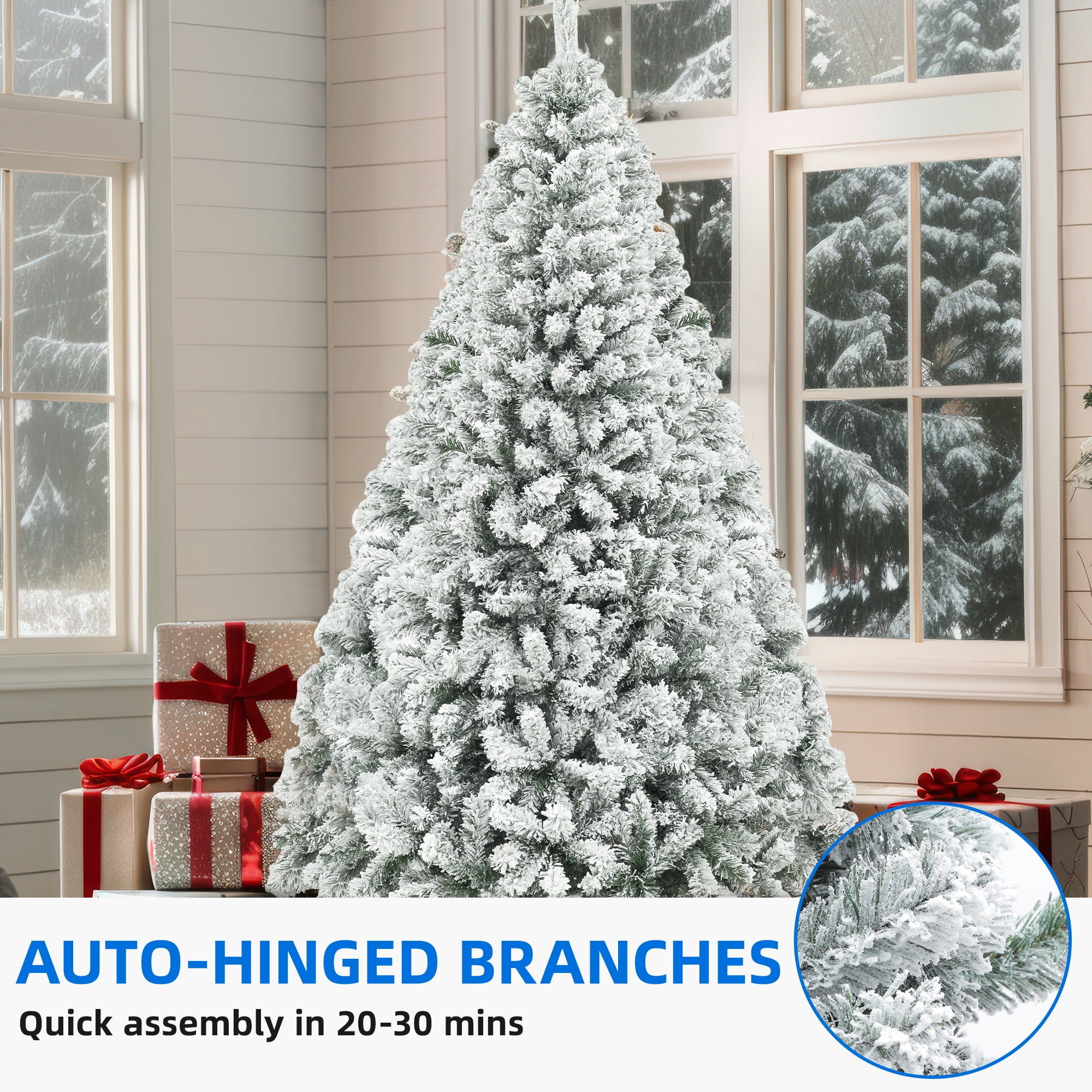 Uforic 6ft Snow Flocked Artificial Christmas Pine Tree with 880 Branch Tips and Foldable Metal Base for Home, Store, and Office Decoration, White