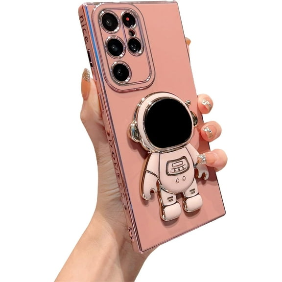 Compatible with Samsung Galaxy S22 Ultra 5g 6D Plating Cute Astronaut Hidden Stand Holder Case with Camera Protection Side Heart Pattern Cover for Women Shockproof Kickstand Bumper (Pink)