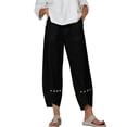 thumbnail image 4 of Costeam Womens Capri Pants Cotton Linen Blend Wide Leg with Side Pockets Mid Rise Relaxed Waist Lace Embroidery Split Cuff Cropped Trousers Lightweight Breathable Soft Casual Summer Bottoms, 4 of 7