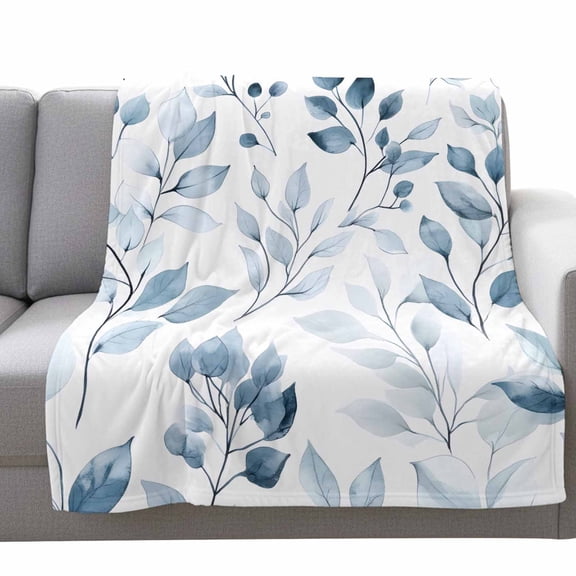 Fleece Blanket Farmhouse Watercolor Leaves Blankets,Soft Cozy Warm Flannel Throw Blanket,Country Blue Gray Plants Blanket for Bed Couch Sofa 40x50in