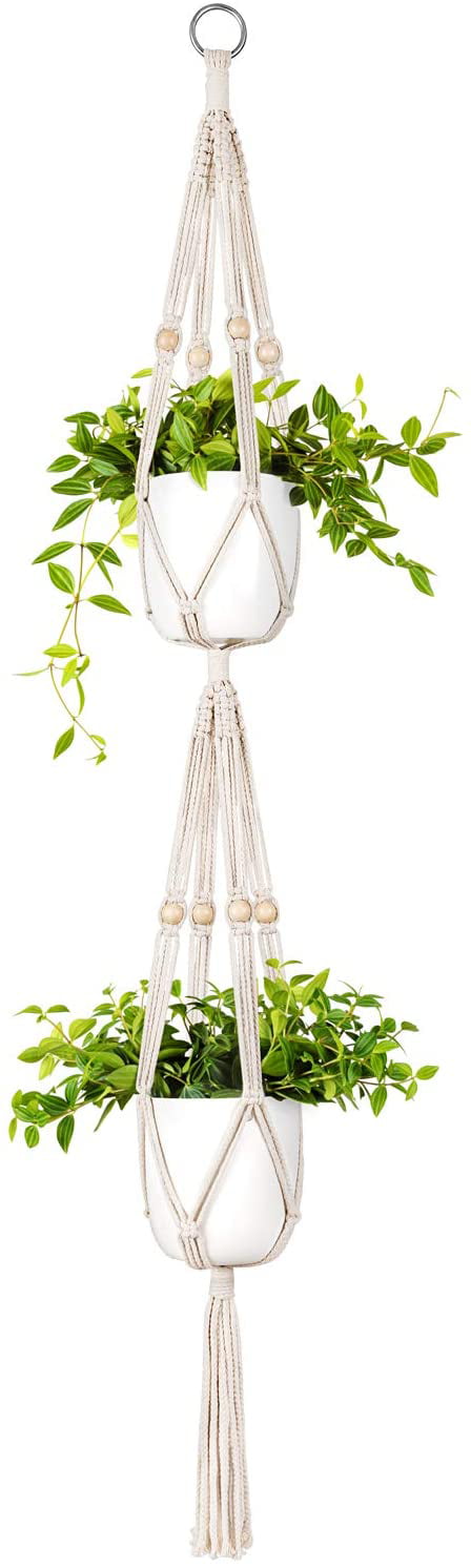 Mkono Macrame Plant Hanger 3 Tier Indoor Outdoor Hanging Planter Basket Cotton Rope with Beads 70 Inches 