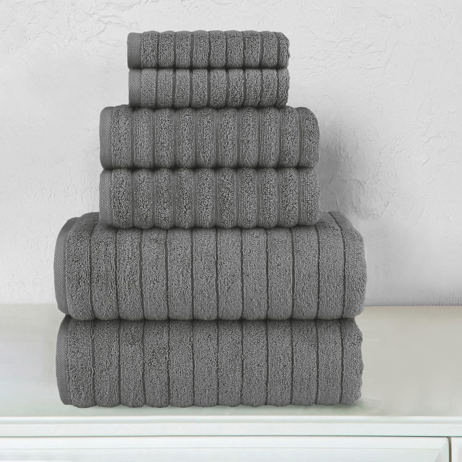 Elegant Comfort 100% Turkish Cotton Corduroy Ribbed Luxury Bath Towels 6-Piece Set, Premium Feel - Quick Dry, Highly Absorbent, Contains 2 Bath Towels, 2 Hand Towels, and 2 Washcloths, Gray