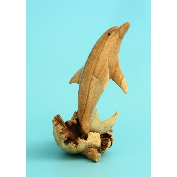 G6 Collection Wooden Hand Carved Single Dolphin Statue Sculpture Wood Home Decor Fish Figurine Handcrafted Handmade Seaside Tropical Nautical Ocean Coastal Decoration