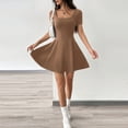 thumbnail image 5 of Women Solid Square Neck Short Sleeve Bodycon Flared Mini Dress, High Stretch Slim Fit A-Line Skater Dress, Casual Club Party Going Out Cute Dresses Khaki L(L), 5 of 6