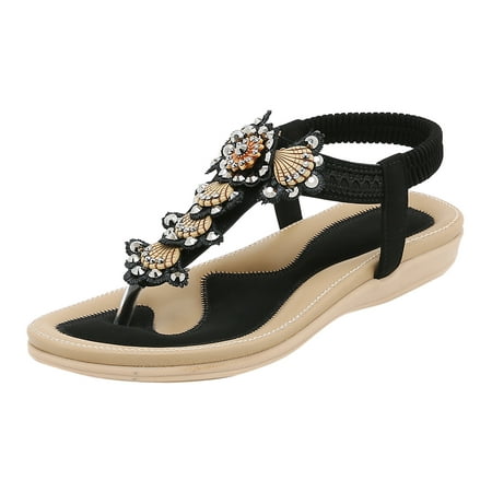 

Fashion Women Casual Open Toe Flat Rhinestone Comfortable Soft Bottom Breathable Elastic Band Shoes Sandals