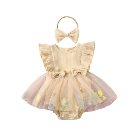 

ESASSALY Baby Girls Rompers Flower Embroidery Summer Clothes with Headband