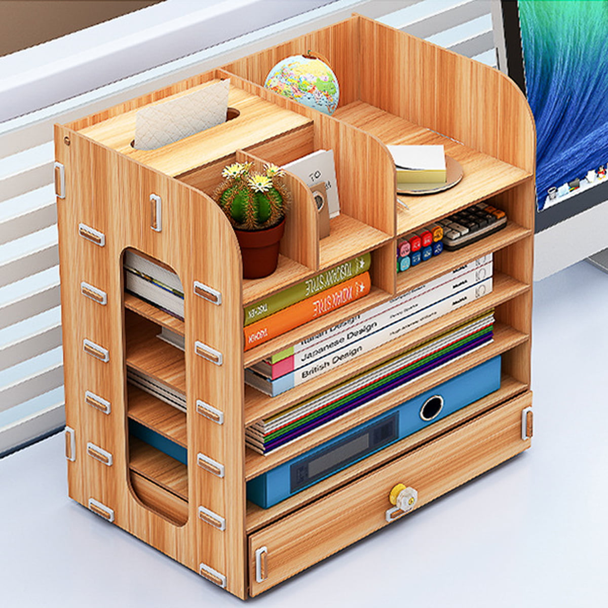 7 Layers Desk Organizer Desktop Storage, Large Wooden Desk With Storage Box