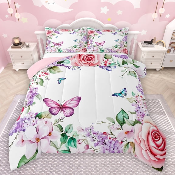 Manfei Watercolor Butterfly Bedding Comforter Set,Purple Lavender Twin Comforter Sets,Pink Rose Floral Bedding Set For Girls Teens,Microfiber Bedroom Decor Reversible,2 Pieces