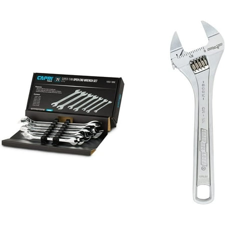 

Capri Tools Super-Thin Open End Wrench Set Metric 6 to 19 mm 7-Piece (11850-7MRK) & Channellock - 6 Xtra Slim Jaw Adj Wrench (806SW)