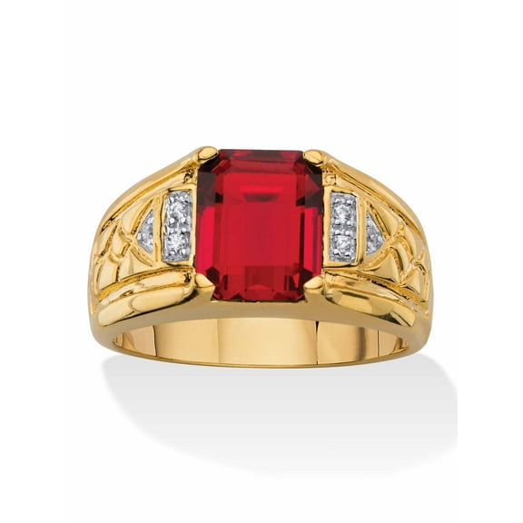 PalmBeach Jewelry Men's 3.55 TCW Emerald-Cut Faceted Genuine Red Garnet and Diamond Accent Etched Ring 18k Gold-Plated