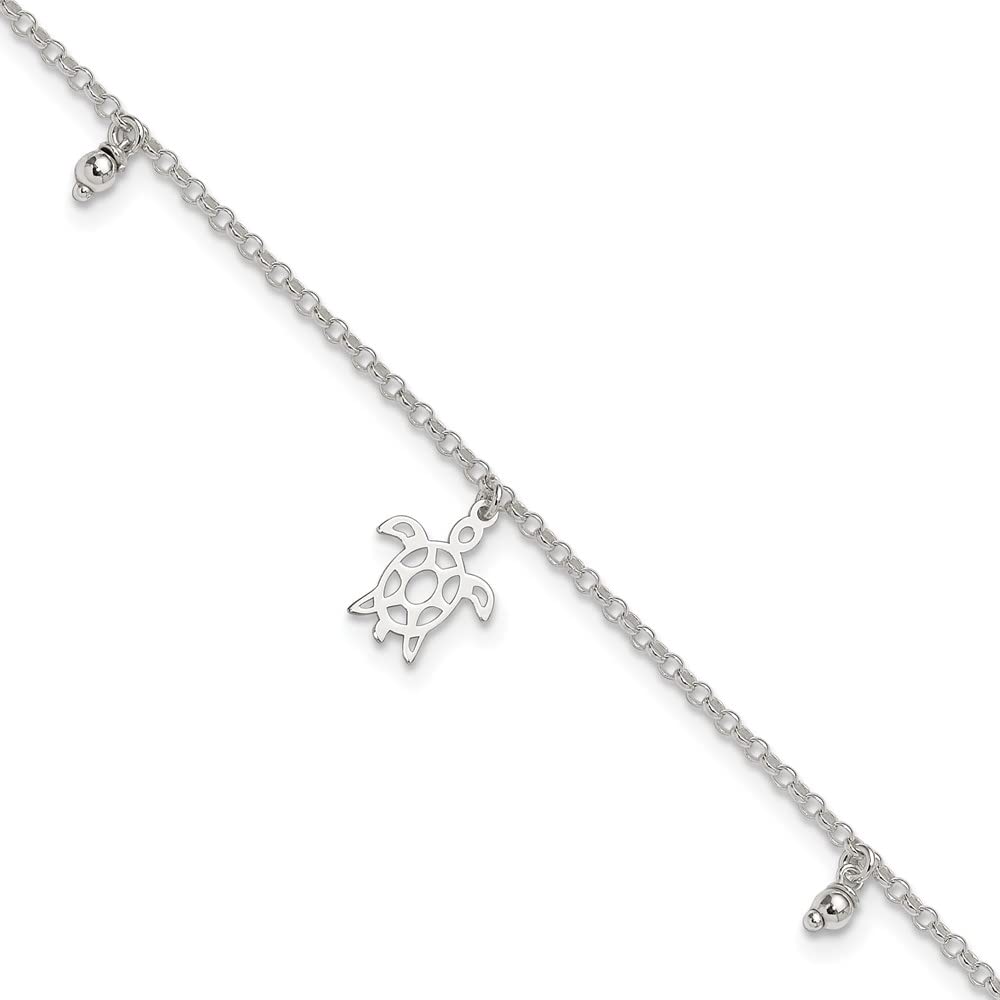 Sterling Silver Turtle & Dangle Beads with 1in Extender Anklet