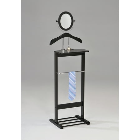Wood Valet - Edward Black Wood & Chrome Metal Contemporary Cloth, Coat, Suit & Hat Valet Stand Organizer Rack With Mirror, Hanger, Shelf & Rack