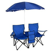 Develoo Double Folding Chairs, Portable Outdoor 2-Seat Folding Chair with Removable Sun Umbrella Camp Chairs with Shade Canopy for Outdoor Patio Garden Picnic Lawn Beach Camping Fishing