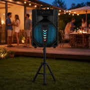 Dazone Portable 15 Bluetooth Speaker Reachargeable Subwoofer Heavy Bass Party PA System, Trolley Stereo Tailgate, With Handle, Wheels, Microphone, Remote, FM Radio Karaoke DJ RGB LED Light