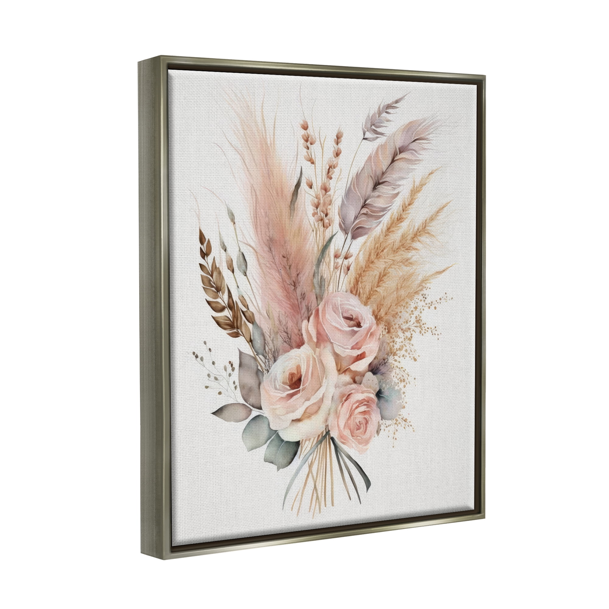 Stupell Industries Boho Feathers & Roses Botanical & Floral Painting Gray Floater Framed Canvas Art Print Wall Art, 17 x 21