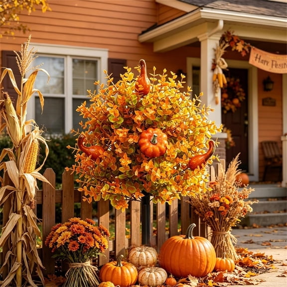 Fall Yard Decor, Artificial Eucalyptus, Faux Pumpkins for Outdoor for Fall Decor, Halloween Yard Decorations, 22X8 Inch Stake Style Simulated Greenery Floral Pick for Patio