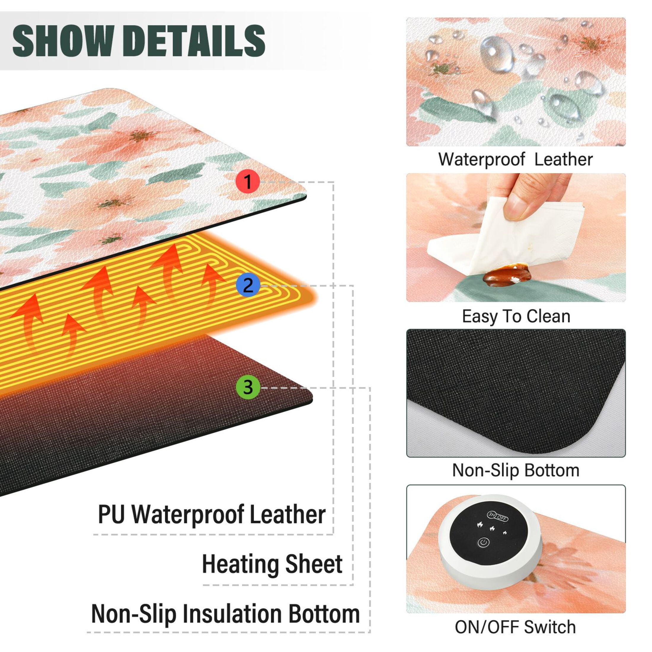 Large Heated Desk Mat Mouse Pad 31.5"x13"PU Leather Graphene Heating Desk Warmer with 3 Temperature Settings 110V US Plug Non-Slip Warm Pad for Home, Office, and Gaming Sage Green Floral Print