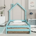 thumbnail image 3 of Twin Size Floor Bed Wooden Montessori Floor Bed with House-Shaped Headboard and Fence Guardrails Twin Bed Frame for Girls and Boys, No Weight Limit, Blue, 3 of 7
