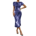 thumbnail image 2 of Women'S Tie Dye Crew Neck Hem Bodycon Short Sleves Dress Long Dresses Blue S, 2 of 7