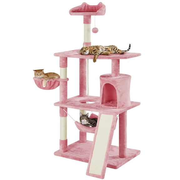 Yaheetech 63.5″ H Cat Tree with Basket Hammock Scratching Post for Indoor Cats, Pink