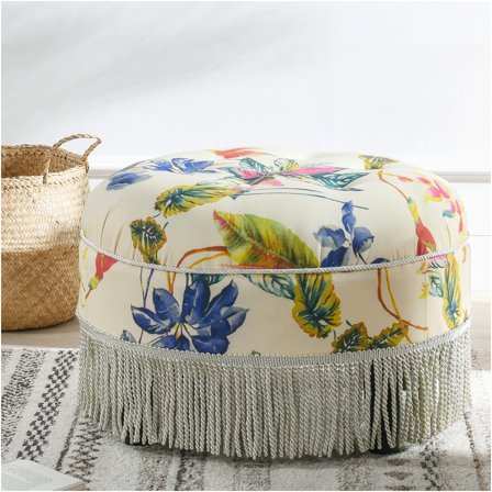 JERFIT 24 inch Round Upholstered Ottoman with Floral Design, Button Tufted Accent Stool, Beige Fabric Footrest Cocktail Pouf for Living Room
