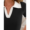 thumbnail image 5 of Women's Short Sleeve V Neck T Shirts 2024 Summer Knit Slim Fitted Basic Solid Color Tee Tops, 5 of 6
