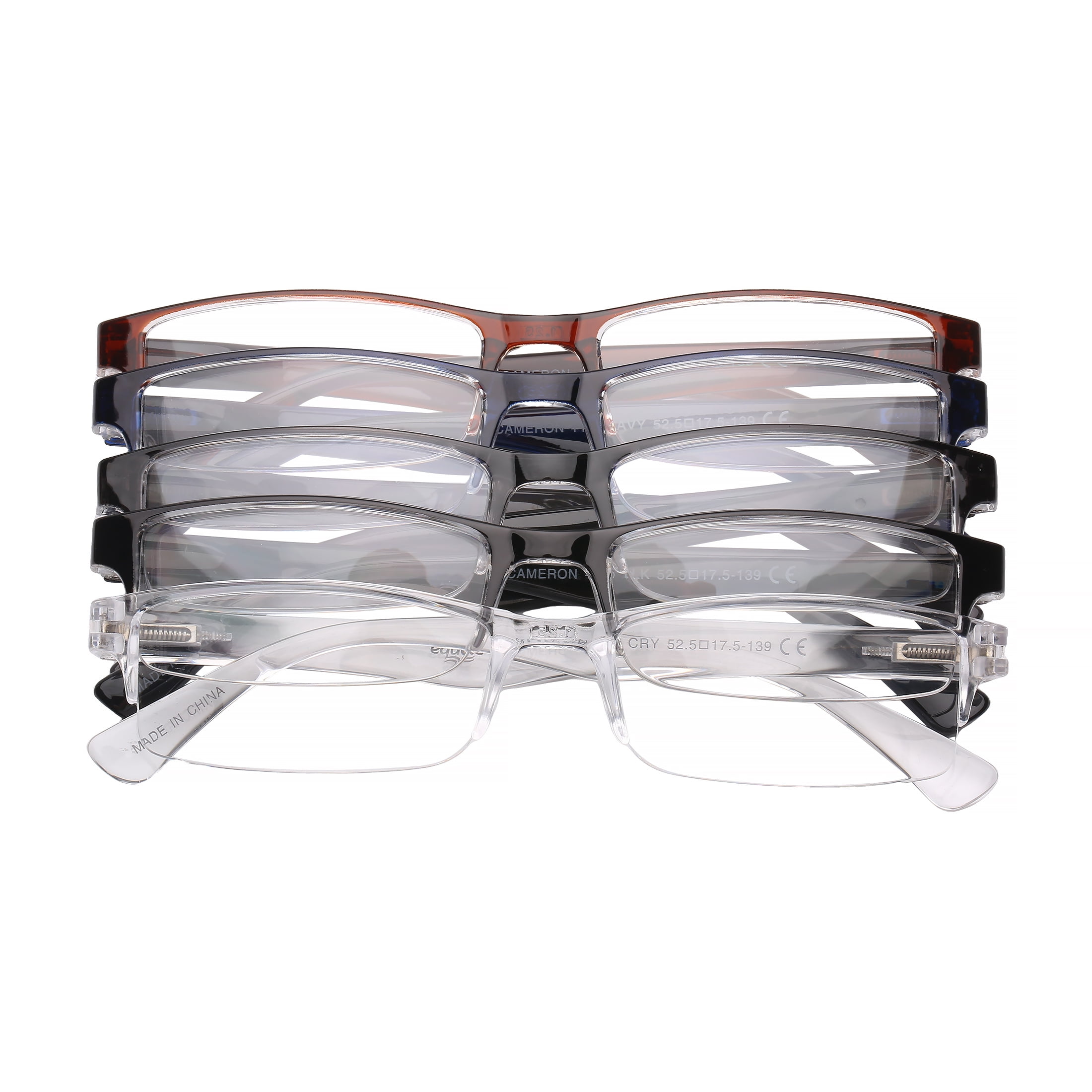 (2 pack) Equate Cameron 5-Pack Unisex Spring Hinge Plastic Reading Glasses with Case, Black/Crystal/Navy Blue/Brown/Grey, +1.25