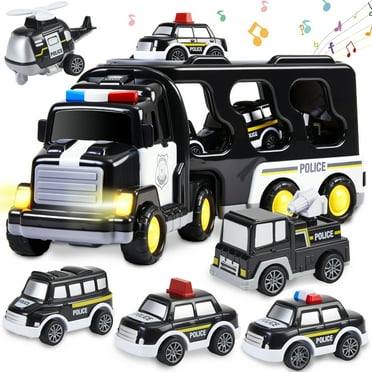 Zacro Carrier Truck Transport Car , 7-in-1 Police Truck Toy Vehicle Set with 4 Toy Cars & 1 Helicopter, Friction Powered Car Toys for Toddlers Kids  2 3 4 5 Years Old