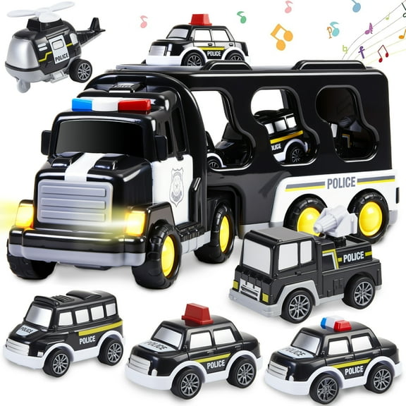 Carrier Truck Transport Car ,7-in-1 Police Truck Toy Vehicle Set with 4 Toy Cars & 1 Helicopter,Friction Powered Car Toys for Toddlers Kids 2 3 4 5 Years Old