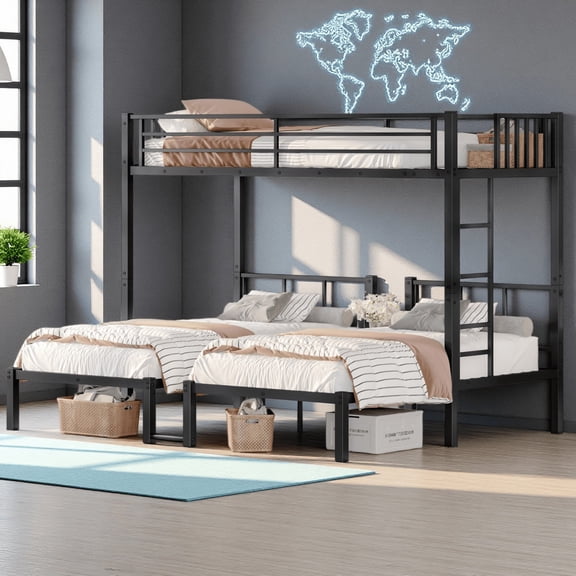 Twin over Twin & Twin Triple Bunk Bed for 3, Metal Frame Converts to 3 Separate Beds, with Guardrails & Shelf, No Box Spring Needed, Black