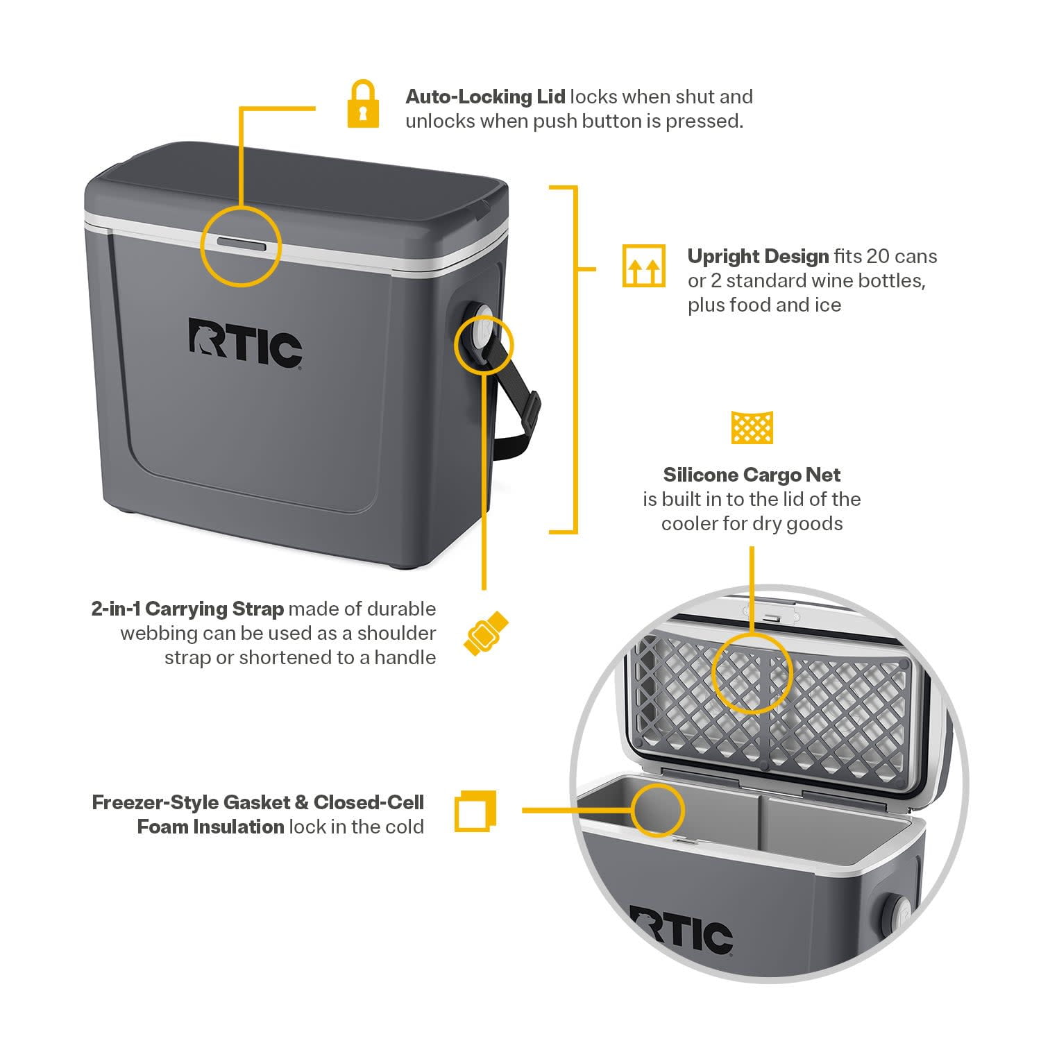 RTIC 16 QT Hard-Sided Ice Chest Cooler, Fits 20 Cans, Road Trip, Grey