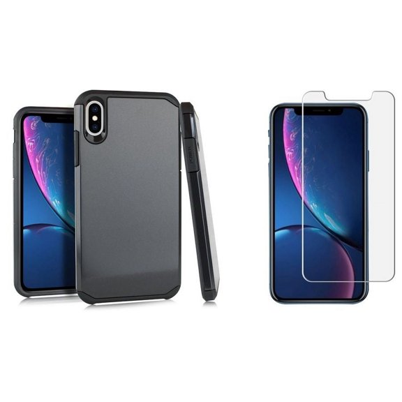 Bemz Double Layered Series Compatible with Apple iPhone XR - Dual Armor Phone Case (Black), Tempered Glass Screen Protector and Atom Cloth