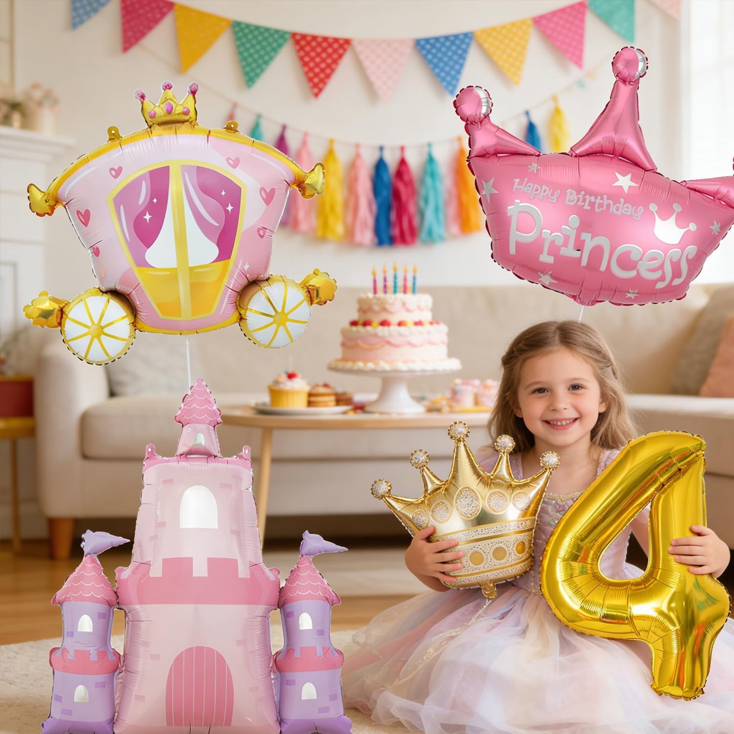 Princess Balloons for Girls' 4th Birthday Party Decorations Pink Gold Crown Pink Castle Balloon,Carriage Balloon Gold 40in Large Number Foil Balloon