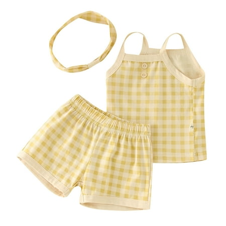 

TAIAOJING Baby Girl Clothes Boys Sleeveless Plaid Strap Vest T Shirt Tops Shorts Headband 3PCS Summer Outfits 18-24 Months