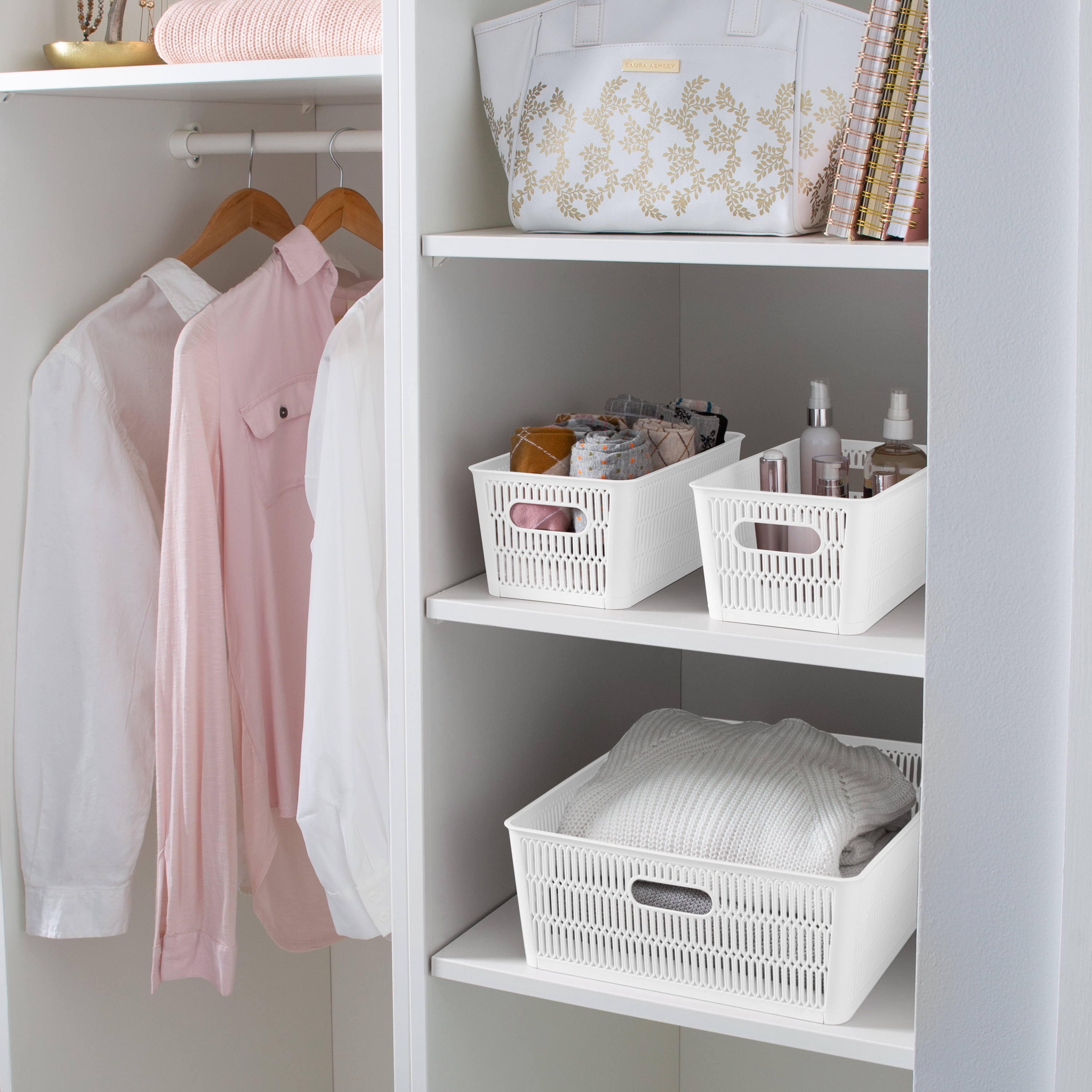 Simplify 4 Pack Slide 2 Stack It Small Plastic Storage Tote Baskets in White