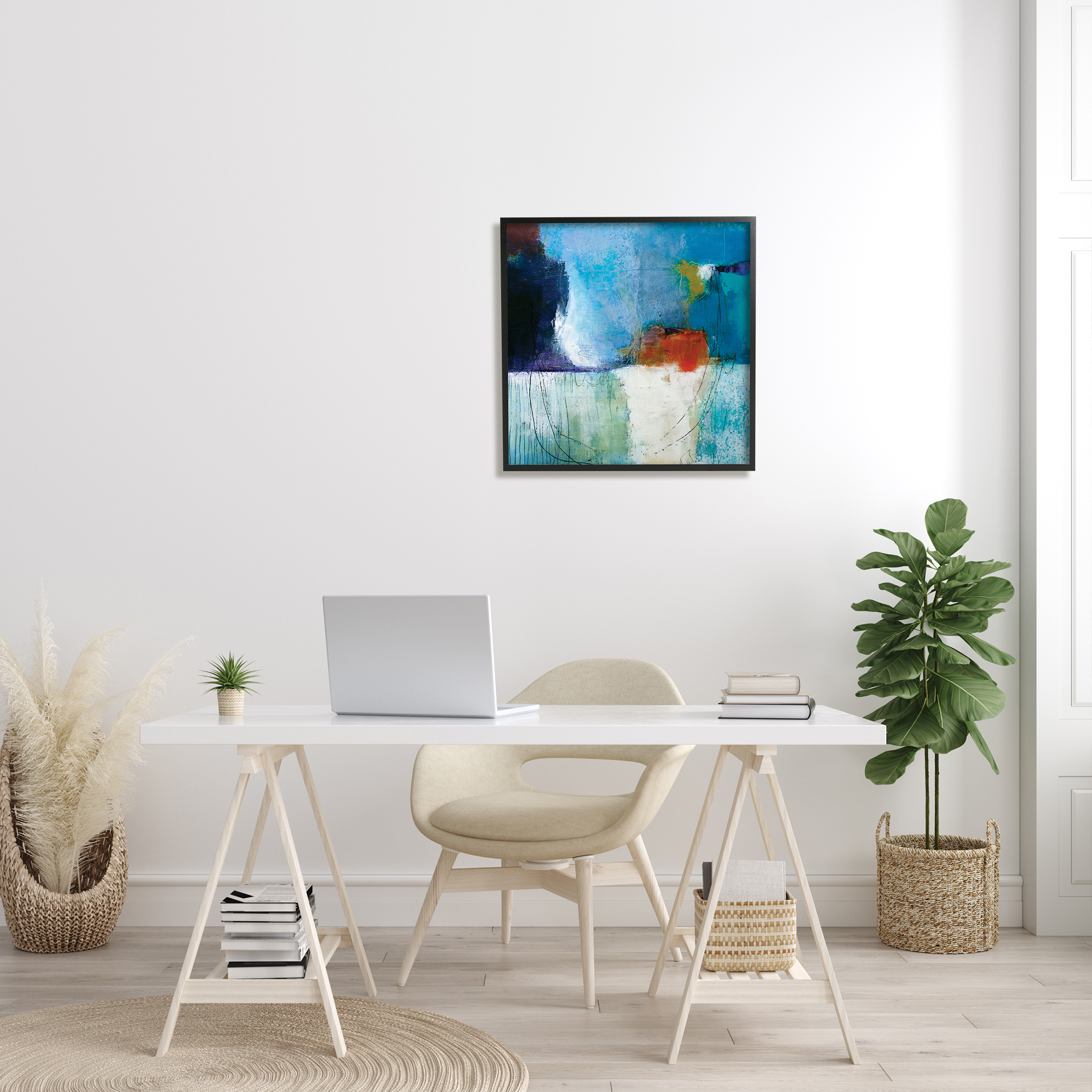 Stupell Industries Modern Paint Abstraction Blue Red White Blocks Rustic Painting Black Framed Art Print Wall Art, 24 x 24, Design by Pamela K. Beer
