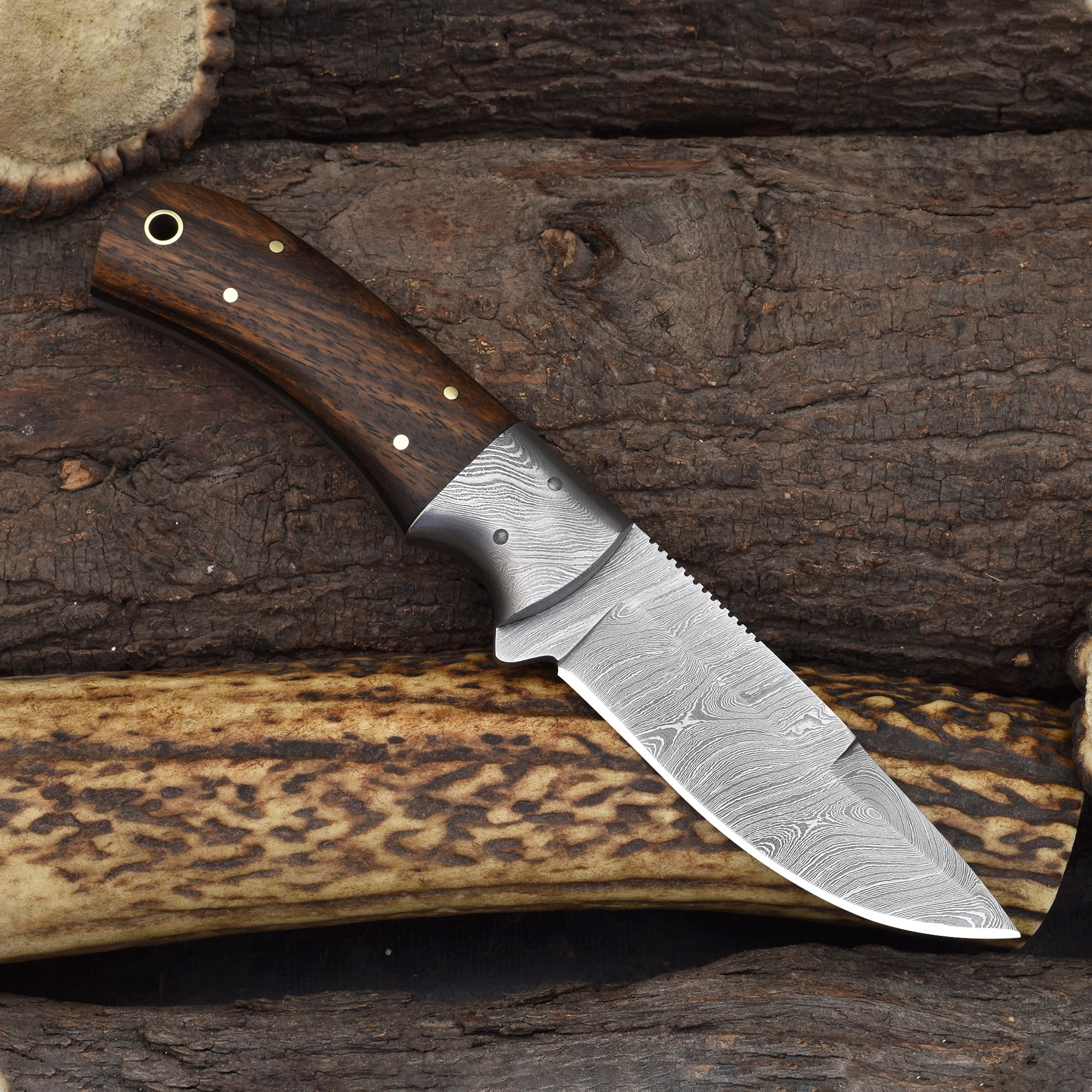Knives Ranch Handmade Damascus Steel Hunting Full Tang Utility Knife with Indian Rosewood Handle and Heavy-Duty Cow Leather Horizontal Cowboy Style Sheath (2142-IRW)